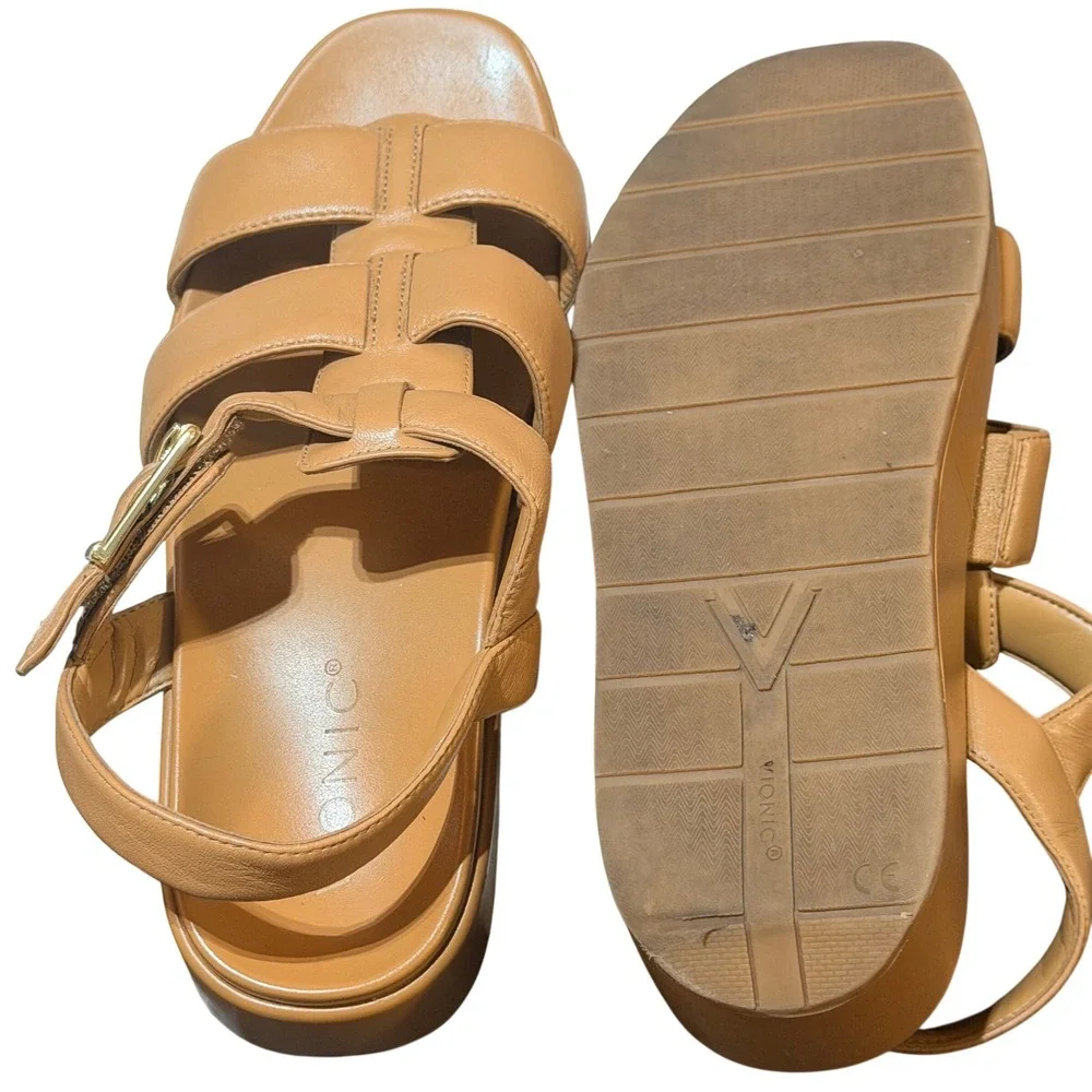 Vionic Delano Platform Sandal Womens 7 Tan Leather Fisherman Orthotic Comfort